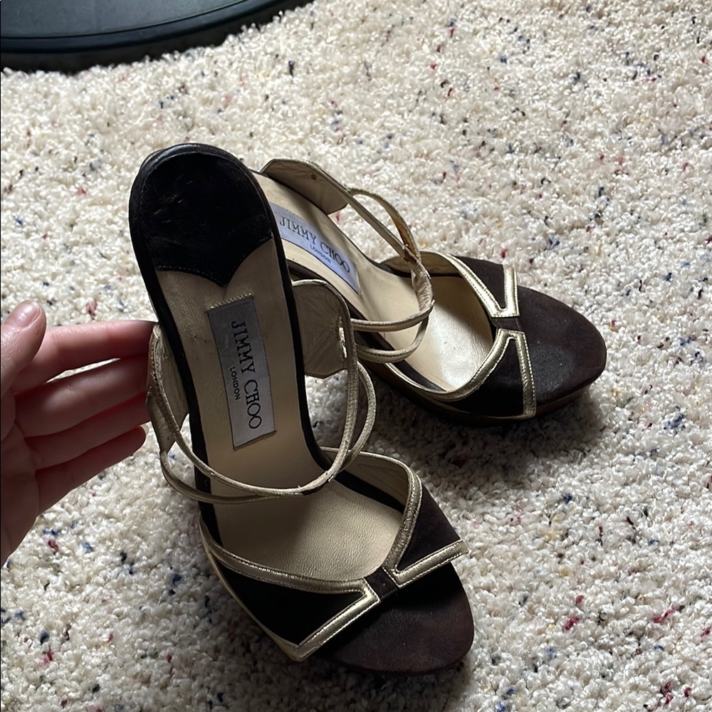 Jimmy Choo Gold and Brown High Heel Sandals